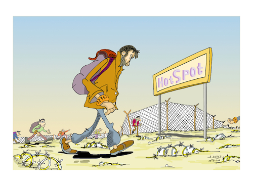 Cartoon: HOT SPOTS -POLITICAL REFUGEE (medium) by vasilis dagres tagged refuges,migrants