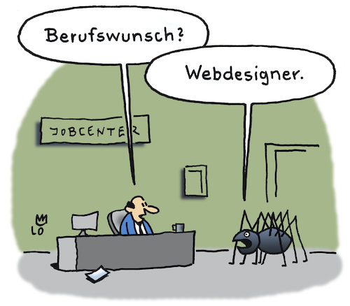 Cartoon: Berufsberatung (medium) by Lo Graf von Blickensdorf tagged jobcenter,arbeitsamt,arbeitslos,job,beruf,webdesign,spinne,netz,spinnennetz,berufsberatung,design,grafik,karikatur,lo,cartoon,mann,arbeitsagentur,stellenangebot,agentur,für,arbeit,jobcenter,arbeitsamt,arbeitslos,job,beruf,webdesign,spinne,netz,spinnennetz,berufsberatung,design,grafik,karikatur,lo,cartoon,mann,arbeitsagentur,stellenangebot,agentur,für,arbeit