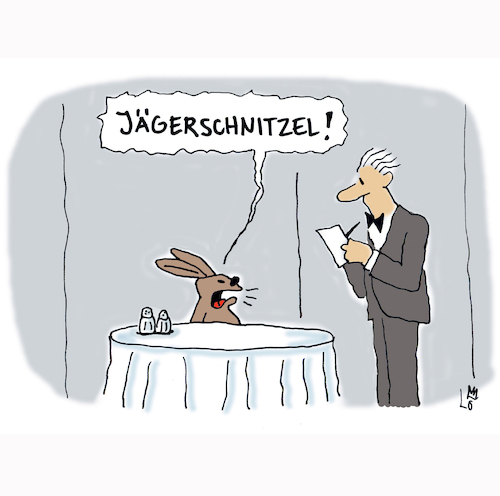 Cartoon: Jägerschnitzel (medium) by Lo Graf von Blickensdorf tagged jägerschnitzel,ober,restaurant,hase,jäger,wild,jägerschnitzel,ober,restaurant,hase,jäger,wild