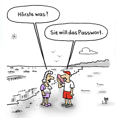 Cartoon: Meeresrauschen (medium) by Lo Graf von Blickensdorf tagged muschel,tritonshorn,meer,strand,mann,frau,meeresrauschen,sommer,karikatur,lo,graf,cartoon,rauschmuschel,passwort,muschel,tritonshorn,meer,strand,mann,frau,meeresrauschen,sommer,karikatur,lo,graf,cartoon,rauschmuschel,passwort