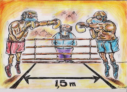 Cartoon: distance (medium) by vadim siminoga tagged coronavirus,boxing,distance,contact,martial,arts,medicine,protection