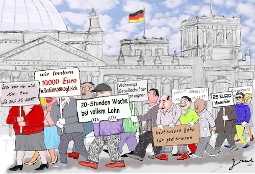 Cartoon: Demoinflation (medium) by jpn tagged demo,forderung,unrealistisch,blödsinn,gewerkschaften,tarif,streik