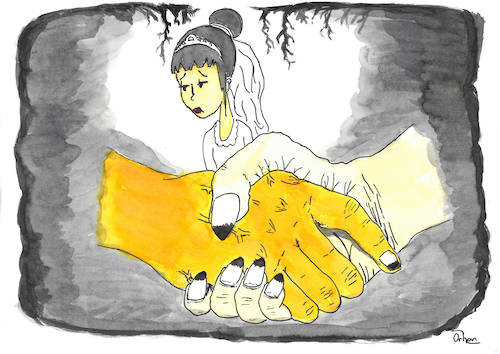 Cartoon: Child brides (medium) by Orhan ATES tagged child,bride,girls,sell,sadness,overwhell,stop,money,humanity