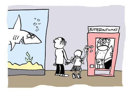 Cartoon: Fischfutter (medium) by Bregenwurst tagged hai,futterautomat,fischfutter,surfer,zoo,auqarium