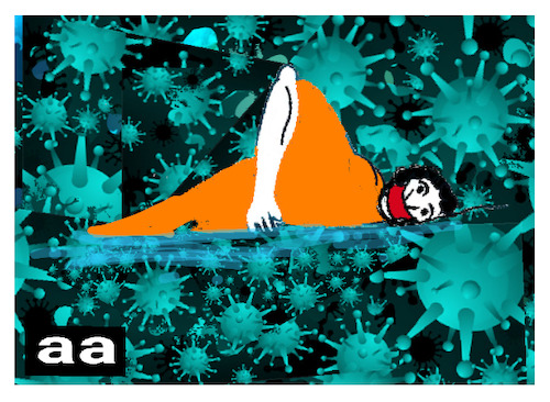Cartoon: Man Swimming in Corona sea (medium) by APPARAO ANUPOJU tagged man,swimming,corona