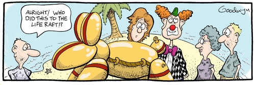Cartoon: Balloon Animal (medium) by Goodwyn tagged raft,life,clown,balloon,sand,tree,palm,wreck,ship,island