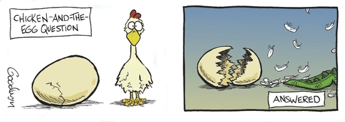 Cartoon: Chicken and the Egg (medium) by Goodwyn tagged feather,dinosaur,tail,lizard,egg,chicken