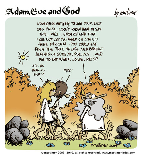 Cartoon: adam eve and god 30 (medium) by mortimer tagged mortimer,mortimeriadas,cartoon,comic,gag,adam,eve,god,bible,paradise,eden,biblical,christian,original,sin,nude,toons,hairy,belly,blonde,gott,paradies,adam,eva,religion,bibel,entstehung,illustration,illustrationen