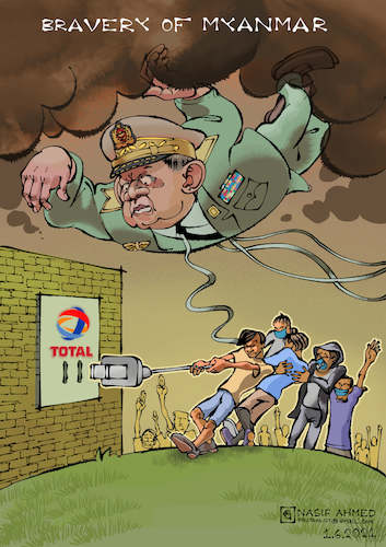 Cartoon: Bravery of Myanmar (medium) by Nasif Ahmed tagged myanmar,military,civilians,threefingersalute,cartoon,drawing,editorialcartoon,nasifcartoon