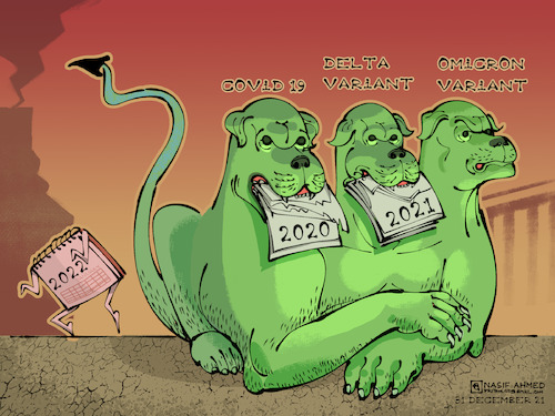 Cartoon: Omicron variant  and 2022 (medium) by Nasif Ahmed tagged omicron,covid19,deltavariant,corona,cerberus,2022