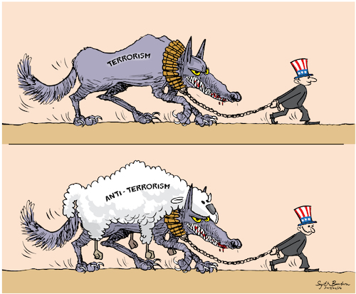 Cartoon: terrorism and anti-terrorism (medium) by Sajith Bandara tagged terrorism