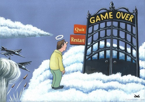 Cartoon: Game Over (medium) by menekse cam tagged play,game,over,quit,restart,win,war