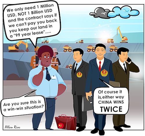 Cartoon: Chinas Win Win Politics (medium) by Dedoshucos tagged china,debttrap,ccp,usa,africa,corruption,xi,jinping,trump,win