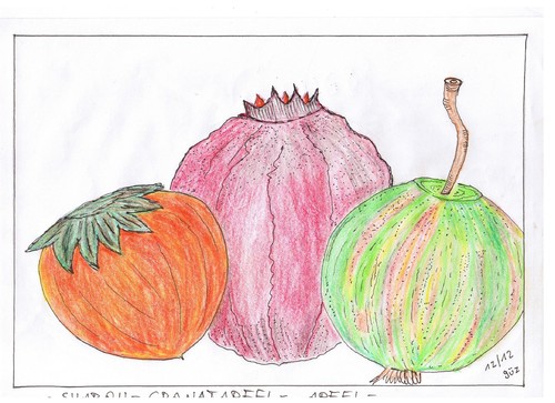 Cartoon: SHARON GRANATAPFEL APFEL (medium) by skätch-up tagged früchte,obst,apfel,granatapfel,sharon,vegan