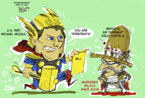 Cartoon: US rep. on drug cartel in Mexico (medium) by bennaccartoons tagged terrorism,drug,cartel,us,mexico