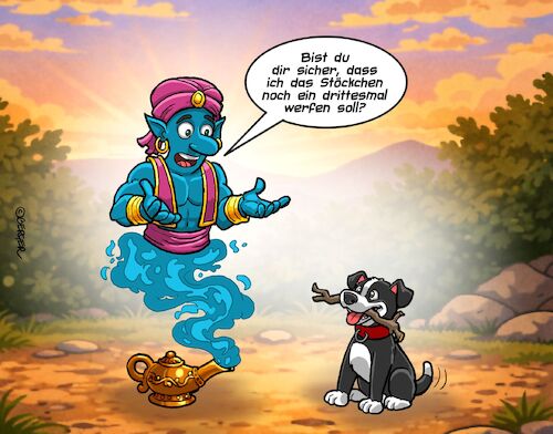 Cartoon: 3 Wünsche (medium) by Chris Berger tagged geist,flasche,wunderlampe,hund,wünsche,apportieren,stock,geist,flasche,wunderlampe,hund,wünsche,apportieren,stock
