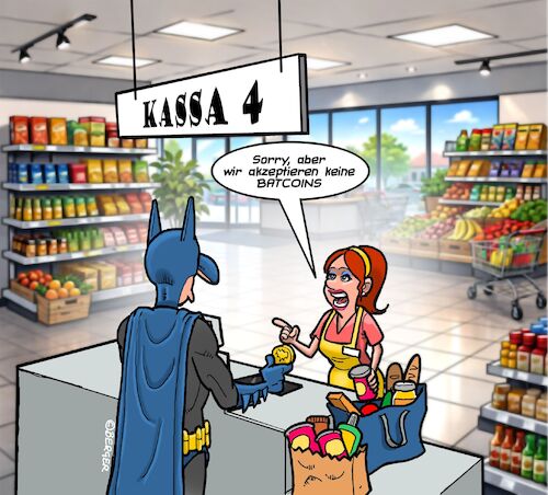 Cartoon: Batcoin Problematik (medium) by Chris Berger tagged batman,batcoin,supermarkt,bitcoin,einkauf,währung,comics,batman,batcoin,supermarkt,bitcoin,einkauf,währung,comics