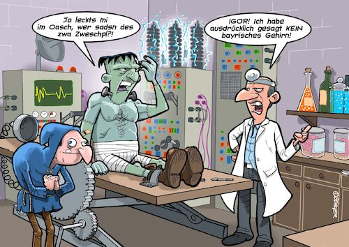 Cartoon: Bayrisches Monster (medium) by Chris Berger tagged frankenstein,monster,gehirn,bayern,frankenstein,monster,gehirn,bayern