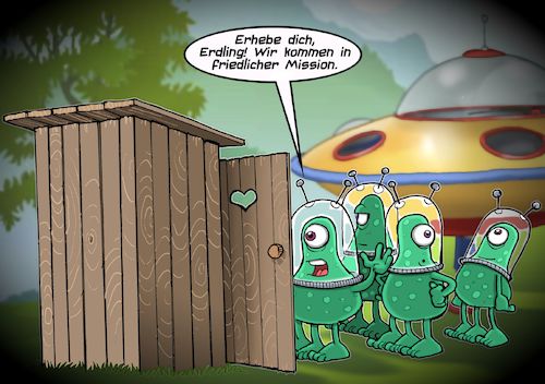 Cartoon: Begegnung der dritten Art (medium) by Joshua Aaron tagged klo,häusl,aliens,ausserirdische,besuch,klo,häusl,aliens,ausserirdische,besuch