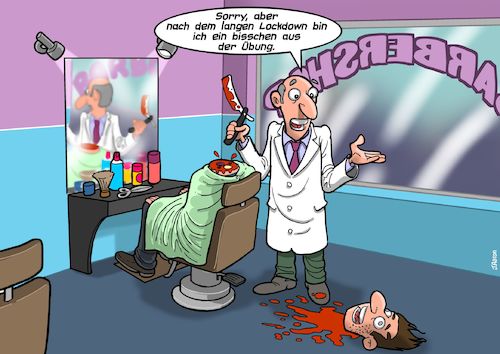 Cartoon: Beim Coiffeur (medium) by Chris Berger tagged lockdown,covid,corona,pandemie,quarantäne,friseur,barbier,coiffeur,kunde,lockdown,covid,corona,pandemie,quarantäne,friseur,barbier,coiffeur,kunde