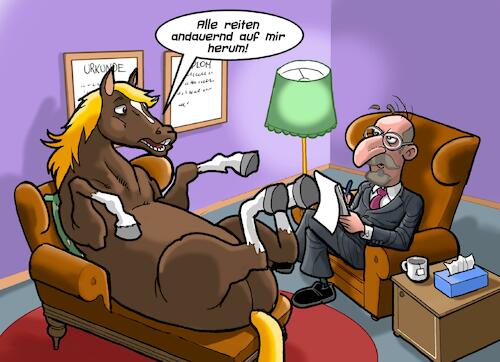 Cartoon: Beim Psychologen (medium) by Chris Berger tagged pferd,psychaiter,psychologe,mobbing,herumreiten,reiter,pferd,psychaiter,psychologe,mobbing,herumreiten,reiter