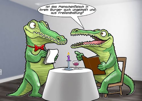 Cartoon: Biofleisch (medium) by Joshua Aaron tagged krokodil,alligator,freilandhaltung,ungeimpft,fleisch,bio,vegan,krokodil,alligator,freilandhaltung,ungeimpft,fleisch,bio,vegan