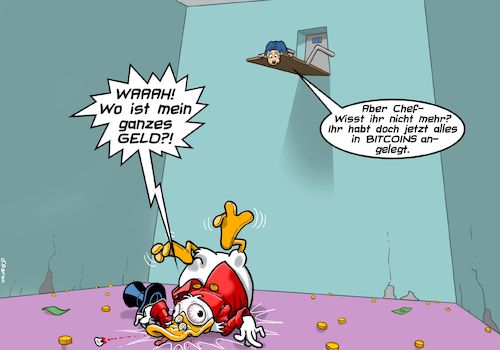 Cartoon: Bitcoins in Entenhausen (medium) by Chris Berger tagged dagobert,duck,bitcoin,cryptowährung,geldspeicher,bargeld,dagobert,duck,bitcoin,cryptowährung,geldspeicher,bargeld
