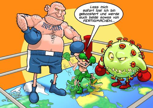 Cartoon: Boxkampf (medium) by Joshua Aaron tagged inflation,wirtschaftskrise,pandemie,covid,omikron,ba2,boxkampf,booster,impfung,inflation,wirtschaftskrise,pandemie,covid,omikron,ba2,boxkampf,booster,impfung