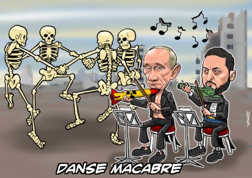 Cartoon: Danse Macabre (medium) by Chris Berger tagged selensky,zelenskyj,putin,world,war,waffen,ukraine,russland,selensky,zelenskyj,putin,world,war,waffen,ukraine,russland