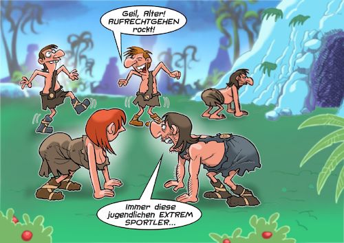 Cartoon: Extremsport in der Steinzeit (medium) by Joshua Aaron tagged steinzeit,aufrechter,gang,primitiv,neandertaler,cro,magnon,lucy,urzeit,steinzeit,aufrechter,gang,primitiv,neandertaler,cro,magnon,lucy,urzeit