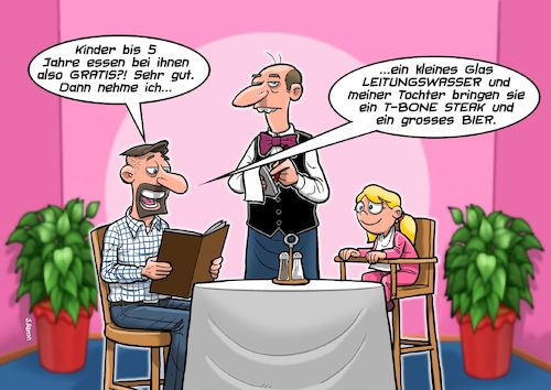 Cartoon: Neulich im Restaurant (medium) by Chris Berger tagged restaurant,kinder,essen,gratis,sparfuchs,sparefroh,klemmer,bausparer,restaurant,kinder,essen,gratis,sparfuchs,sparefroh,klemmer,bausparer
