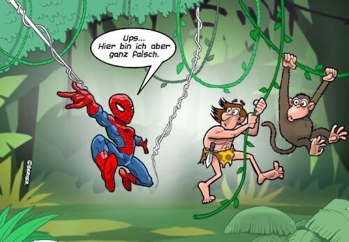 Cartoon: Neulich im Dschungel (medium) by Joshua Aaron tagged tarzan,spidey,spinne,spiderman,cheetah,dschungel,tarzan,spidey,spinne,spiderman,cheetah,dschungel