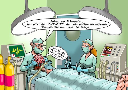 Cartoon: Ohrwurm (medium) by Joshua Aaron tagged ohrwurm,lied,song,chirurg,operation,ohrwurm,lied,song,chirurg,operation