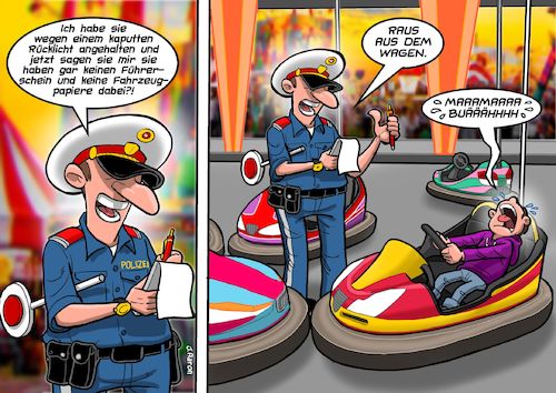 Cartoon: Polizeikontrolle (medium) by Joshua Aaron tagged autodrom,autoscooter,polizei,kontrolle,autodrom,autoscooter,polizei,kontrolle