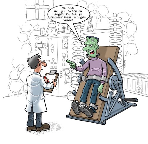 Cartoon: Sag Daddy zu mir (medium) by Chris Berger tagged frankenstein,monster,vater,labor,generationen,konflikt,frankenstein,monster,vater,labor,generationen,konflikt