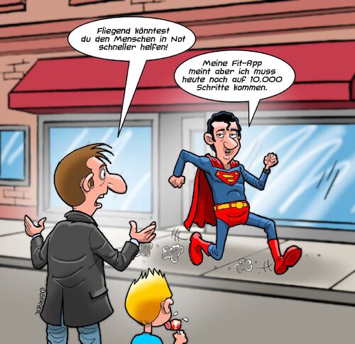 Cartoon: Schrittzähler (medium) by Chris Berger tagged superman,fitness,app,schrittzähler,laufen,fliegen,superheld,superman,fitness,app,schrittzähler,laufen,fliegen,superheld