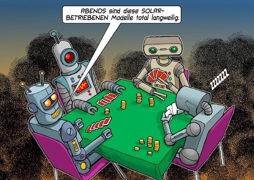 Cartoon: Solarangetrieben (medium) by Chris Berger tagged roboter,karten,poker,solar,antrieb,roboter,karten,poker,solar,antrieb