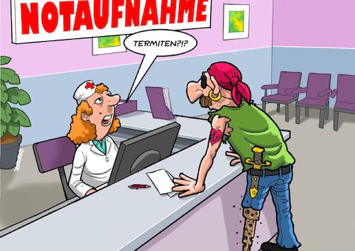 Cartoon: Termiten (medium) by Joshua Aaron tagged pirat,notaufnahme,krankenhaus,holzbein,termiten,pirat,notaufnahme,krankenhaus,holzbein,termiten