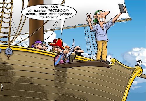 Cartoon: Über die Planke (medium) by Joshua Aaron tagged pirat,smartphone,facebook,soziale,medien,selfie,generation,pirat,smartphone,facebook,soziale,medien,selfie,generation