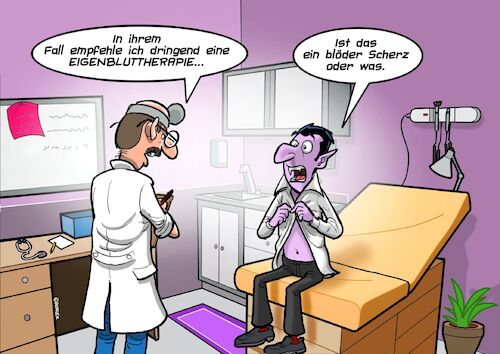 Cartoon: Vampir beim Arzt (medium) by Joshua Aaron tagged vampir,dracula,doktor,arzt,eigenblut,therapie,vampir,dracula,doktor,arzt,eigenblut,therapie