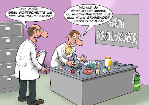 Cartoon: Wahrheitsserum (medium) by Joshua Aaron tagged labor,forschung,chemielaboranten,wahrheitsserum,labor,forschung,chemielaboranten,wahrheitsserum