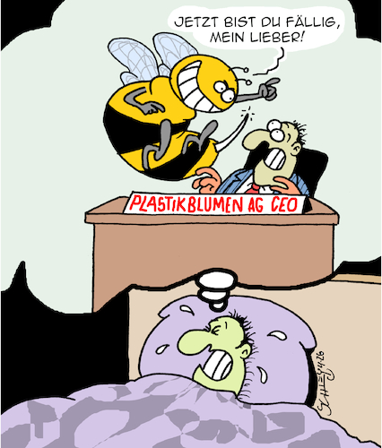 Cartoon: Alptraum (medium) by Karsten Schley tagged alpträume,plastik,plastikprodukte,tiere,insekten,bienen,bienensterben,natur,klima,umwelt,mensch,wirtschaft,alpträume,plastik,plastikprodukte,tiere,insekten,bienen,bienensterben,natur,klima,umwelt,mensch,wirtschaft