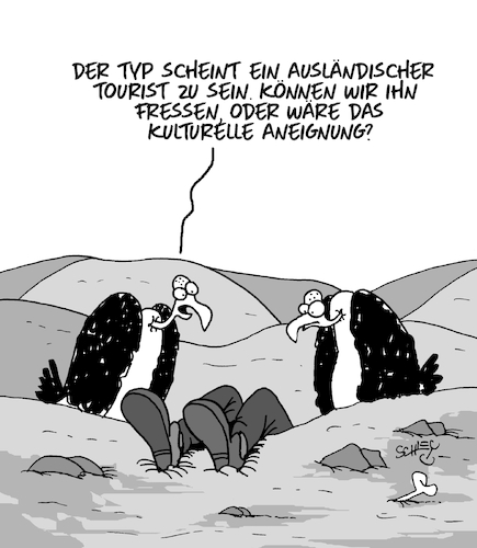 Cartoon: Ausländer (medium) by Karsten Schley tagged reisen,politik,medientourismus,geier,kulturelle,aneignung,reisen,politik,medientourismus,geier,kulturelle,aneignung