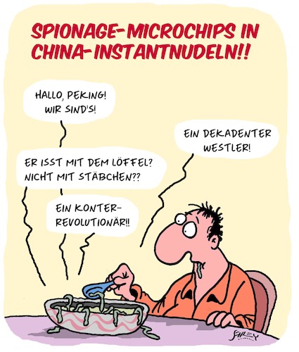 Cartoon: China spioniert!! (medium) by Karsten Schley tagged spionage,technik,geheimdienste,china,usa,europa,huawei,tiktok,industrie,demokratie,wirtschaft,gesellschaft,spionage,technik,geheimdienste,china,usa,europa,huawei,tiktok,industrie,demokratie,wirtschaft,gesellschaft