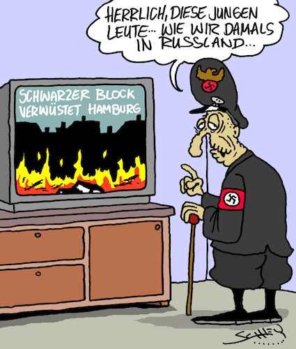 Cartoon: Damals... (medium) by Karsten Schley tagged g20,politik,schwarzer,block,vandalismus,terrorismus,hamburg,polizei,demonstration,gewalt,deutschland,g20,politik,schwarzer,block,vandalismus,terrorismus,hamburg,polizei,demonstration,gewalt,deutschland
