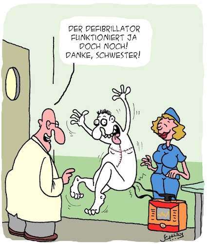 Cartoon: Defibrillator (medium) by Karsten Schley tagged krankenhäuser,ärzte,krankenschwestern,gesundheit,leben,tod,defibrillatoren,medizin,krankenhäuser,ärzte,krankenschwestern,gesundheit,leben,tod,defibrillatoren,medizin
