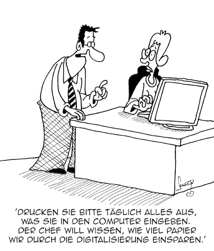Cartoon: Digitalisierung (medium) by Karsten Schley tagged wirtschaft,fortschritt,computer,digitalisierung,rohstoffe,einsparungen,energie,papier,management,gesellschaft,wirtschaft,fortschritt,computer,digitalisierung,rohstoffe,einsparungen,energie,papier,management,gesellschaft