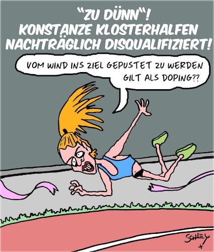 Cartoon: DISQUALIFIZIERT!! (medium) by Karsten Schley tagged olympia,leistungssport,gesundheit,magersucht,klosterhalfen,medaillen,rekorde,gesellschaft,deutschland,olympia,leistungssport,gesundheit,magersucht,klosterhalfen,medaillen,rekorde,gesellschaft,deutschland