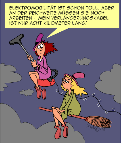 Cartoon: E-Mobilität (medium) by Karsten Schley tagged elektromobilität,verkehr,wissenschaft,medien,transport,technik,fortschritt,klima,reichweite,hexen,mythen,legenden,forschung,gesellschaft,elektromobilität,verkehr,wissenschaft,medien,transport,technik,fortschritt,klima,reichweite,hexen,mythen,legenden,forschung,gesellschaft