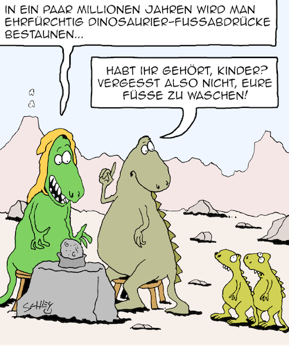 Cartoon: Ehrfurcht (medium) by Karsten Schley tagged historisches,urzeit,dinosaurier,archäologie,medien,wissenschaft,forschung,natur,tiere,gesellschaft,historisches,urzeit,dinosaurier,archäologie,medien,wissenschaft,forschung,natur,tiere,gesellschaft